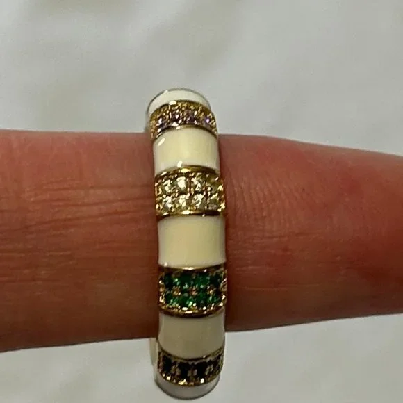 Gemstone Gold & White Enamel Band Ring - Picture 5 of 6